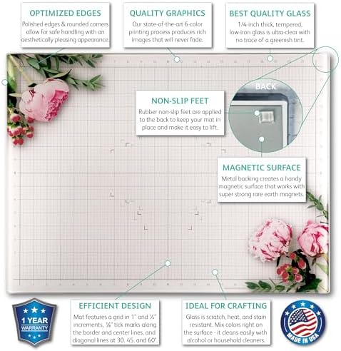 GLASSBOARD STUDIO Floral Glass Craft Mat (18x24in) - Magnetic, Heat & Scratch Resistant, Stain-Proof for Crafting, Cutting, Painting, Mixed Media Artwork - Grid & Angle Lines, Non-Slip Rubber Feet