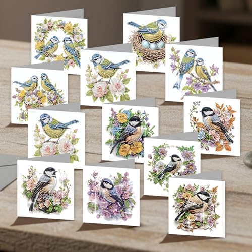 C'eitura 12Pcs Bluebird Diamond Art Painting Greeting Card Kit with Envelopes, DIY Bird Theme Christmas Birthday Thanksgiving Card Making Set, Nature Inspired Handmade Card Craft