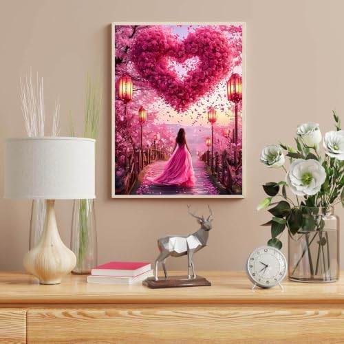 WNPOKN Pink Rose Heart with Girl Diamond Art Kits for Adults 12x16Inch