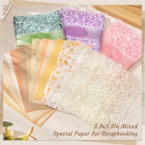 104 Sheets Textured Scrapbook Paper & Mesh Fabric Assorted Set, 4 Pack | Mixed Special Decorative Paper for Scrapbook Journaling Supplies Junk Journals Handmade Craft, 3.9x5.5 In