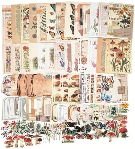 Esweny 200PCS Vintage Scrapbooking Supplies Kit for Journaling, Scrapbook Sticker Paper Pack for Junk Journal Planners Aesthetic Cottagecore Room Decor Wall Art Collage Album (Nature)