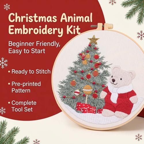 Harimau Adult Beginner Embroidery Starter Kit for Christmas Patterns, Complete Set with 4 Patterns, 2 Hoops, Needles, Scissors, Instruction Guide & Stitching Video Tutorials