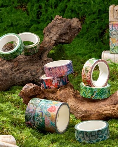 Plants Washi Tape Set in Painting Style 10 Rolls Tropical Rainforest Drawing Masking Animals Graphic Decorative Tapes for Arts, DIY Crafts, Journals, Planners, Scrapbook, Wrapping