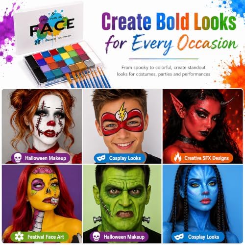26 Color Face Body Paint Palette, Extra Large Black & White, 11 Brushes