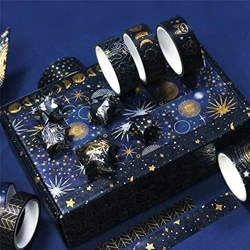 YUBBAEX Mystic Gold Washi Tape Set Wide Silver Foil Masking Tape Decorative for Arts, DIY Crafts, Journal Supplies, Planners, Scrapbook, Card/Gift Wrapping (Dark Night)