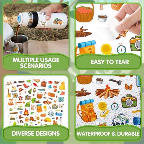 LINAYE 24 Sheets Camping Stickers for Kids, 1320 PCS Nature Camp Stickers, Waterproof Self Adhesive Summer Crafts, Camping Party Favors Supplies Rewards for Kids