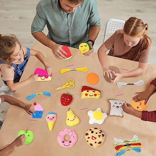 ZOIIWA 16 Sets Food Themed Sewing Kit for Kids Fun Craft for Boy Girl Age Felt Fruit Plush Craft Kit Learn to Sew Educational Beginners Sewing Stuffed Ornament for Back to School Birthday Party Gift