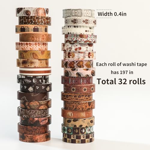 32 Rolls Washi Tape Set,Vintage Coffee Themed Decorative Tape Retro Brown Watercolor Cafe Masking Tape for Journaling Supplies,Junk Journal, Scrapbooking,Planner,DIY Arts & Crafts Supplies