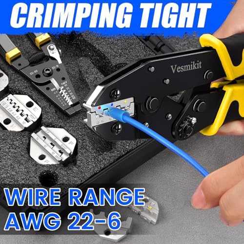 Crimping Tool Set 8PCS - Ratchet Wire Crimping Tool for Heat Shrink,Insulated Nylon,Non-Insulated,wire ferrules,Open Barrel Terminals,Solar Connectors - Crimper with 6 Interchangeable Die