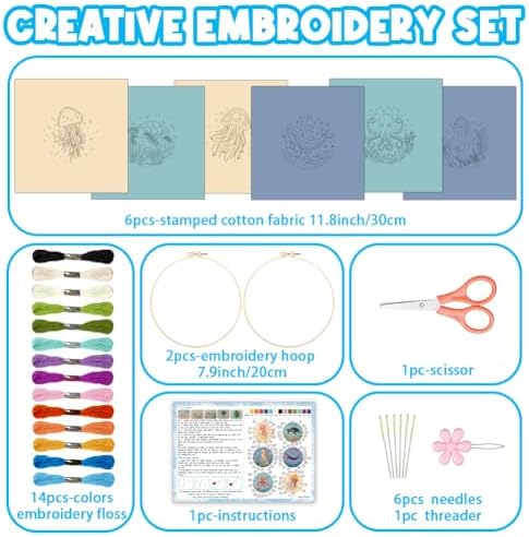 ACRNIGHEET 6PCS Embroidery Kit for Adults Beginners, Sea Animals Embroidery Starter Kit, Stamped Cross Stitch Kits for Crafts Lovers Gift Idea, Include Instructions 6 Stamped Embroidery Cloth 2 Hoop