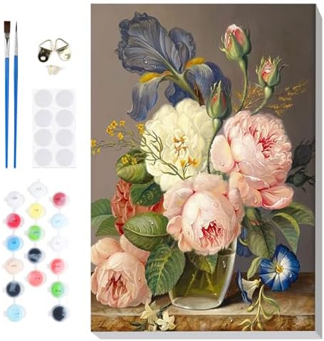 Bowetile Framed Paint by Numbers Kit for Adults Beginner, Flowers Adults' Paint-by-Number Kits on Canvas, Easy Acrylic Number Painting Kits for Home Wall Decor Gifts, 8x12in