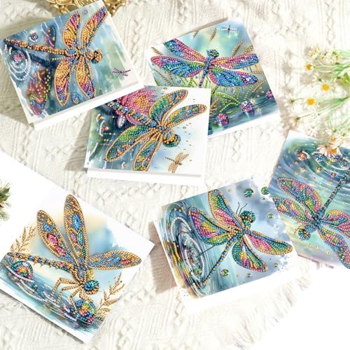 6 Pcs 5D Diamond Painting Greeting Cards Kits Dragonfly, Handmade Festival Greeting Cards with Envelopes DIY Diamond Art Crafts Birthday Cards Shimmer Design for Birthdays Holidays (30x15cm)