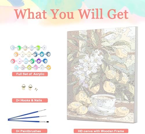 Auremi Lemon Paint by Number Kits with Framed, DIY Flower Paint by Number Canvas for Adults, Easy Acrylic in Canvas with Brushes for Decor 20x30cm