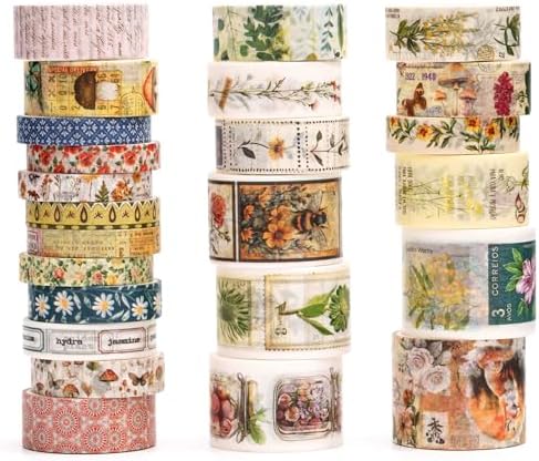 Vintage Washi Tape Set - 24 Rolls Arts Adhesive Tapes Assorted Retro Decorative Masking Tape Sets for Craft, Kids, Scrapbook, DIY, Gift Wrapping (5-Botanical Garden)