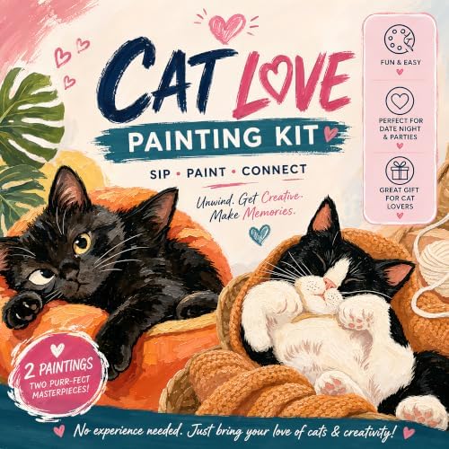 QUANWAISJ Sip and Paint Kit for Adults, Pre Drawn Canvas for Painting for Adults, 2 Pack Canvas Painting Kit, Paint Party Kit, Date Night Activities for Couples (Leisurely Cat)