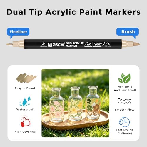 ZSCM 12 Skin Tone Acrylic Paint Markers, Dual Fine & Brush Tip Acrylic Pen