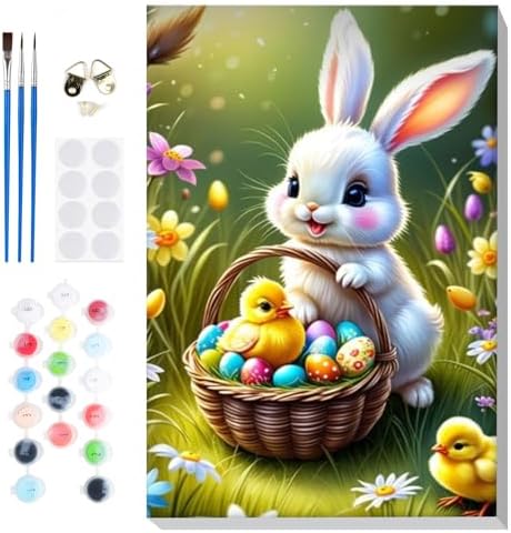 Bowetile Framed Paint by Numbers Easter Kit for Adults, Adults' Paint-by-Number Bunny Kits on Canvas, Painting by Numbers Rabbit, DIY Acrylic Number Painting for Home Wall Decor, 8x12in