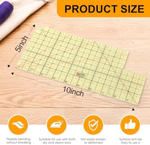Thin Hot Hem Ruler Rounded Corner Ironing Ruler for Pocket All-in-one Ruler for Sewing Quilting Heat Resistant Non-Slip Hot Ruler Efficient Precise Sewing Tool Seam Guide 10X5inch