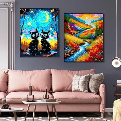 Yunnuo Paint by Numbers Kit for Adults Two Black Cat, Adult Paint by Number Kits Animals and Starry Night,DIY Paintwork with 3 Paintbrushes and Acrylic Paints,Perfect for Home Wall Decor 16x20 Inch