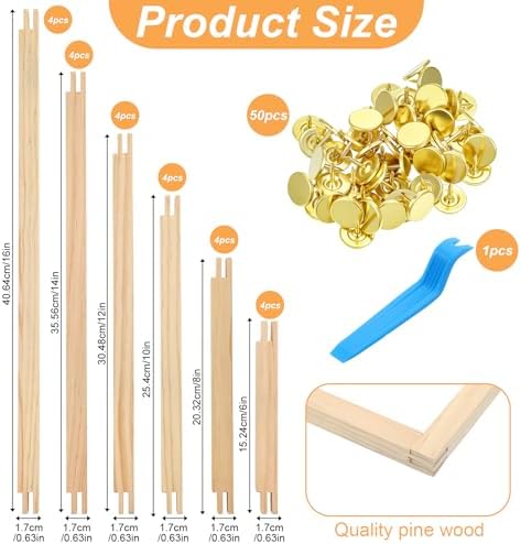 Oqqlin 24 Pcs 6 Sets Stretcher Bars for Needlework with 50 Thumb Tacks, 6 Sizes Wooden Canvas Stretcher Bars Durable Assembly Embroidery Stitch Frame Set for Birthday Gifts, Crafts Supplies