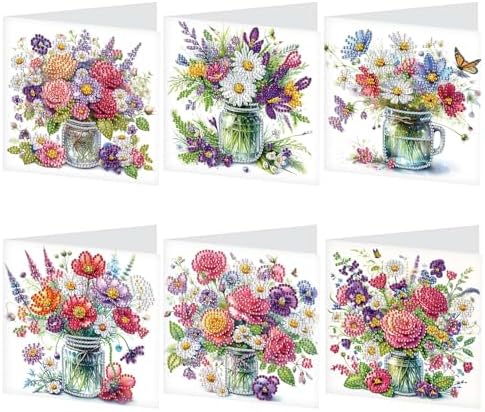 Tontut 6pcs Diamond Art Painting Greeting Card, Pretty Vase Beautiful Flowers 5D DIY Special Shape Diamond Painting Christmas Birthday Greeting Card Creative Gifts