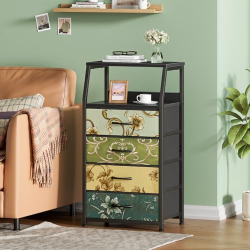Furnulem Retro Small Dresser for Bedroom, Tall Nightstand with 4 Drawers