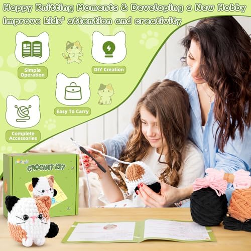 Cat Crochet Kit for Beginners-Calico Cat Crochet Kits for Adults Kids, Crochet Starter Kit with Step-by-Step Video Tutorials,Crochet Animal Kits Learn to Crochet Kits for Adults Kids