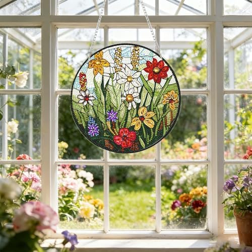 CRZMODE Stained Glass Wildflowers Diamond Art Hanging Kit for Adults, Pendant Diamonds Painting Art Kit, Special Crystal Diamond Art Painting Pendant Ornament, Craft Gift for Women Home Window Decor