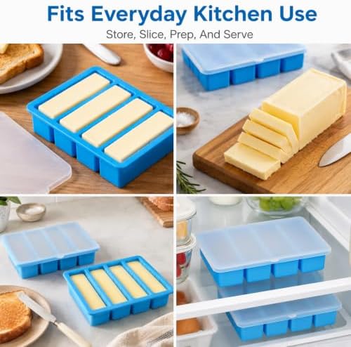 2Pcs Silicone Butter Mold with Lid, Non-Stick Silicone Butter Mold Tray with Scale Marking for Homemade Butter, Standard Size Mold for Soap Bar, Energy Bar, Cake, Chocolate (Blue)