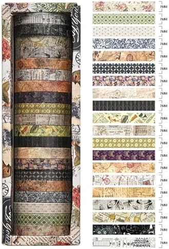 20 Rolls Skinny Vintage Washi Tape Set Retro Arts Adhesive Tapes Basic Patterns Decorative Masking Tape Sets for Craft, Kids, Scrapbook, DIY, Gift Wrapping (Remaining Joy)