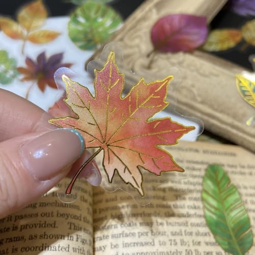 50PCS Clear Gold Foil Leaf Stickers, Autumn Leaf Stickers | Transparent Stickers for Junk Journal, Scrapbook Supplies for Card Making, Planner, Envelope, DIY Crafts, Water Bottle Decors
