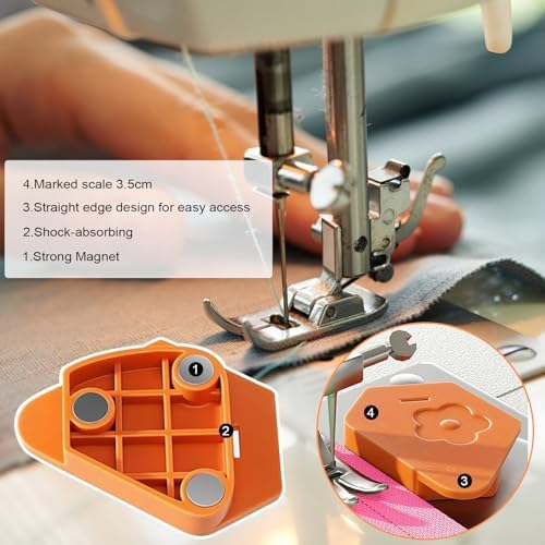 TOOVREN 2PCS Magnetic Seam Guide for Sewing Machine, Multifucntional Polygonal Magnet Seam Hemmer Guide with Scale, Universal Sewing Supplies and Accessories (Orange)