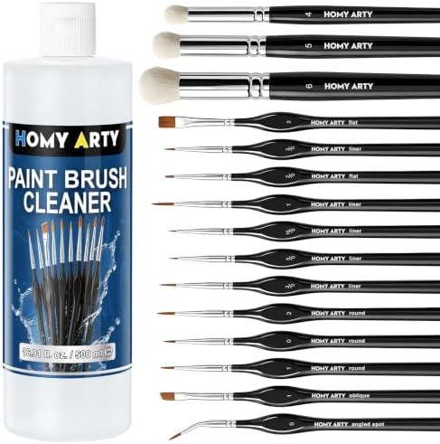 HOMY ARTY Miniature Paint Brushes Drybrush, 15 PCS Detail Paint Brush Set with 16.9 fl oz Brush Cleaner, Paint Brushes for Acrylic Painting, Models, Figurines, Nail Art & Paint by Number