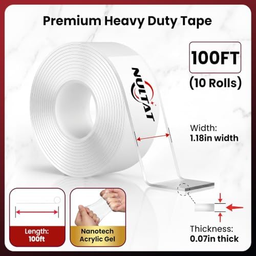 NULTAT 100 Feet Double Sided Tape Heavy Duty, Nano Reusable, Removable, Washable Double Stick Tape for Wall, Clear Multipurpose Two Sided Adhesive Tape 1.18" x 120" (100 Feet)