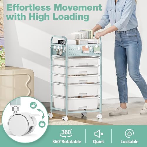 SYKIARIOL Drawer Rolling Storage Cart with Pegboard Top and Hooks, Green, 4-Drawers