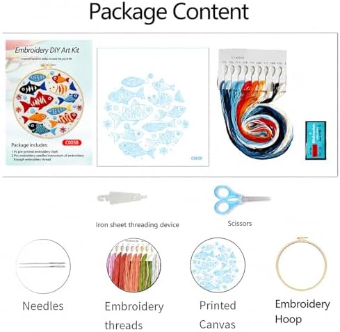 Zhenqing Colorful Fish Embroidery Kit for Beginners, Ocean Fish Needlework Craft, Pre-Printed Cotton Fabric with Hoop, Threads & Tools, 29x29cm (C0059)