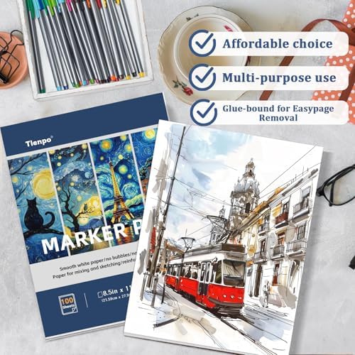 Tlenpo 8.5 x 11 Marker Paper Pad, 100 Sheets Marker Sketchbook Bleedproof, 120gsm/73lb Art Sketch Pad Paper, Painting Coloring Alcohol Marker Paper for Beginners, Artists, Kids