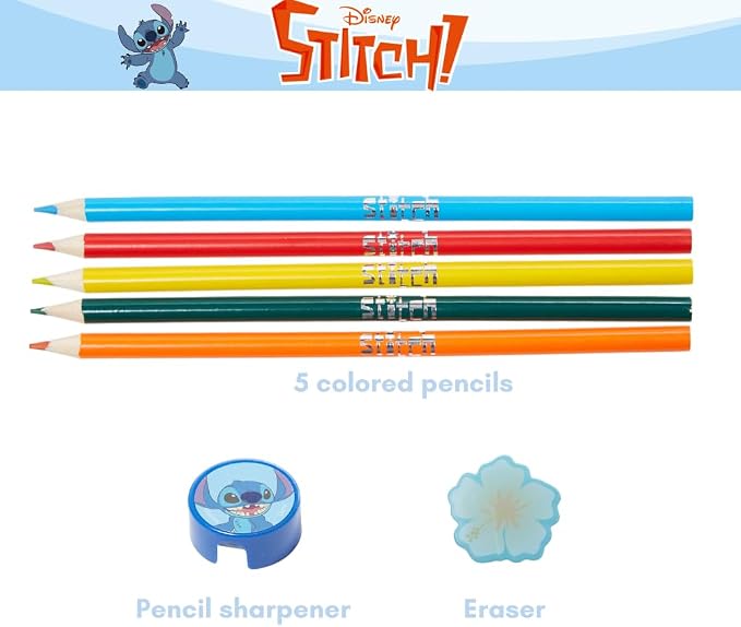 Disney Stitch Sketchbook for Kids with Colored Pencils, Pencil Sharpener, Eraser, Spiral Bound, Blue