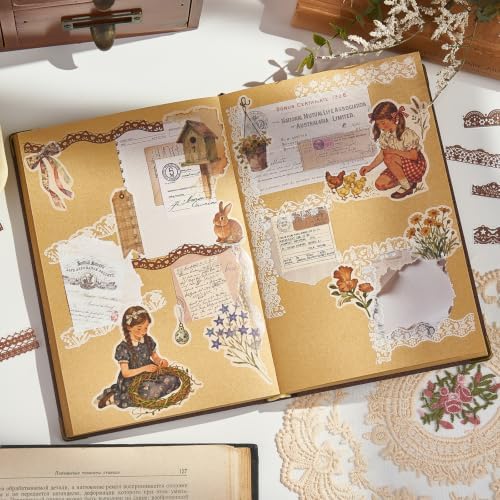 200 Pcs Vintage Brown & White Lace Border Stickers for Scrapbook