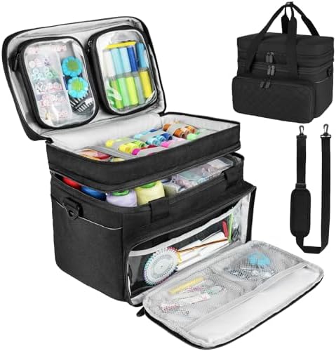 Double Layer Sewing Organizer Bag with Shoulder Strap, Black