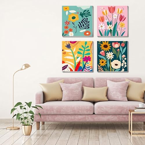 FQOVKYN 4 Pack Paint by Numbers Kit for Adults with Frame Flower Easy, Abstract Art Floral Framed Painting by Numbers on Canvas, DIY Acrylic Watercolor Oil Paint Kits for Home Decor 8 x 8 Inch