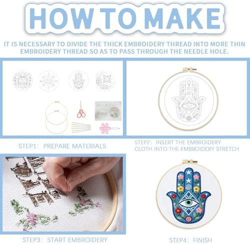 FREEBLOSS 4 Set Embroidery Kit Hamsa Pattern Stamped Embroidery Starter Kit with Step by Step Instructions, Colored Threads, 2 Hoops, Needlepoint Kits for Hand Craft Lovers Gift, 30cm/11.8inch