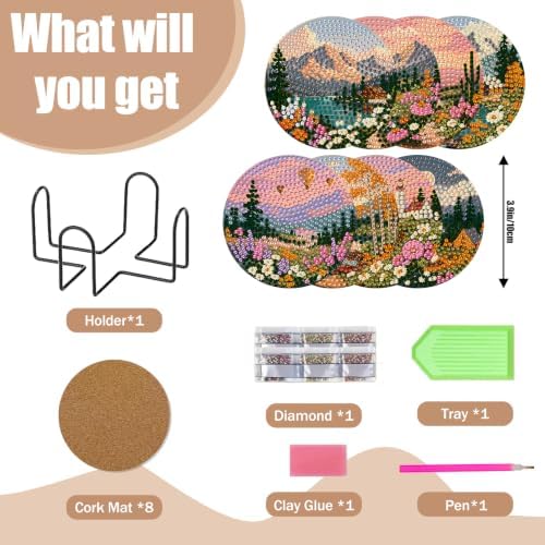 CRZMODE 8 Pcs Landscape Diamond Art Coasters Kits, Diamond Painting Coasters with Holder