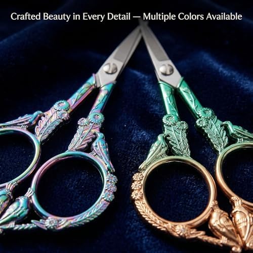 Crochet Scissors with Cover 2 Pack – Vintage Small Embroidery Scissors Set, Sharp Craft Scissors for Yarn Thread Sewing Needlework, Rainbow & Green Bronze Bird Gift for Crocheter, 4.6 Inch