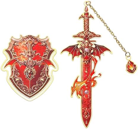 Dragon Knight Metal Bookmark & Book Clip Set - Sword Book Mark with Pendant & Shield Page Marker Clip - Fire Red Fantasy Gift for Men, Women, Kids, Readers, Book Lovers, RPG Gamers | Hymn to Heroes