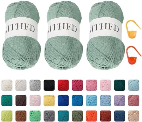 Cotton Chainette Yarn,4 Medium (Worsted)-10oz,3 Pack,Knitting Yarn for Beginners,Thicker for Crocheting and Knitting (11 Matcha Green)