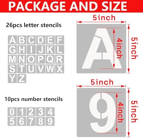 YEAJON 5 Inch Letter Stencils and Numbers, 36 Pcs Alphabet Art Craft Stencils, Reusable Plastic Templates for Wood, Wall, Fabric, Rock, Signage