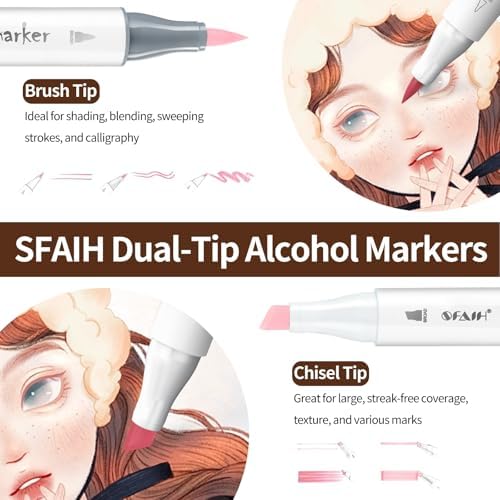 SFAIH Skin Tone Alcohol Markers Brush & Chisel Tip - 12 Light Skin Colors | Dual Tip Art Markers for Artist Adult Coloring Illustration, Portrait Hair Skin Anime, Blending, Gifts for Artist Adult