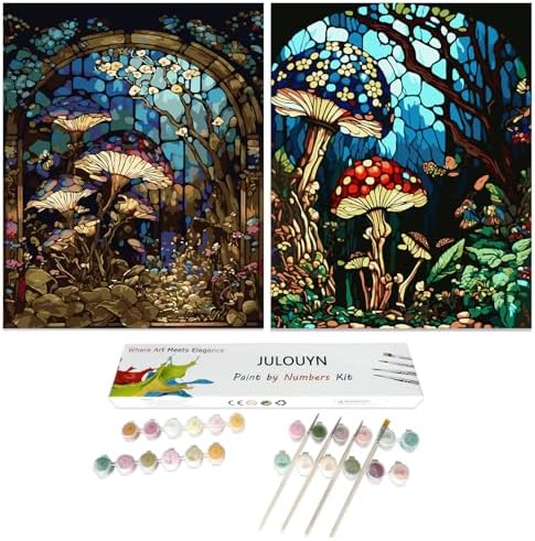 JULOUYN 2 Pack Mushrooms Paint by Numbers Kit for Adults,16x20 in | Easy to piant for beginners elderly, DIY art, with Magnifying glass, Relaxing & Stress relief, canvas, Home wall decor