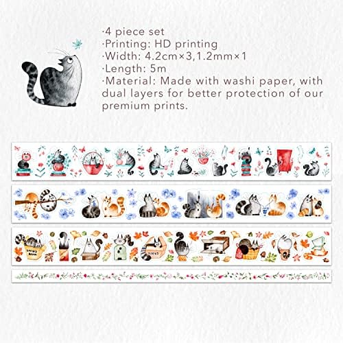 WT Chonky Cat Washi Tape Sticker Set, 4 Rolls, Original Designs, Watercolor Cute Cat Decorative Sticker, Kiss-Cut Craft Sticker, Bujo Planner Supplies, Journals Gifts, DIY Paper Sticker